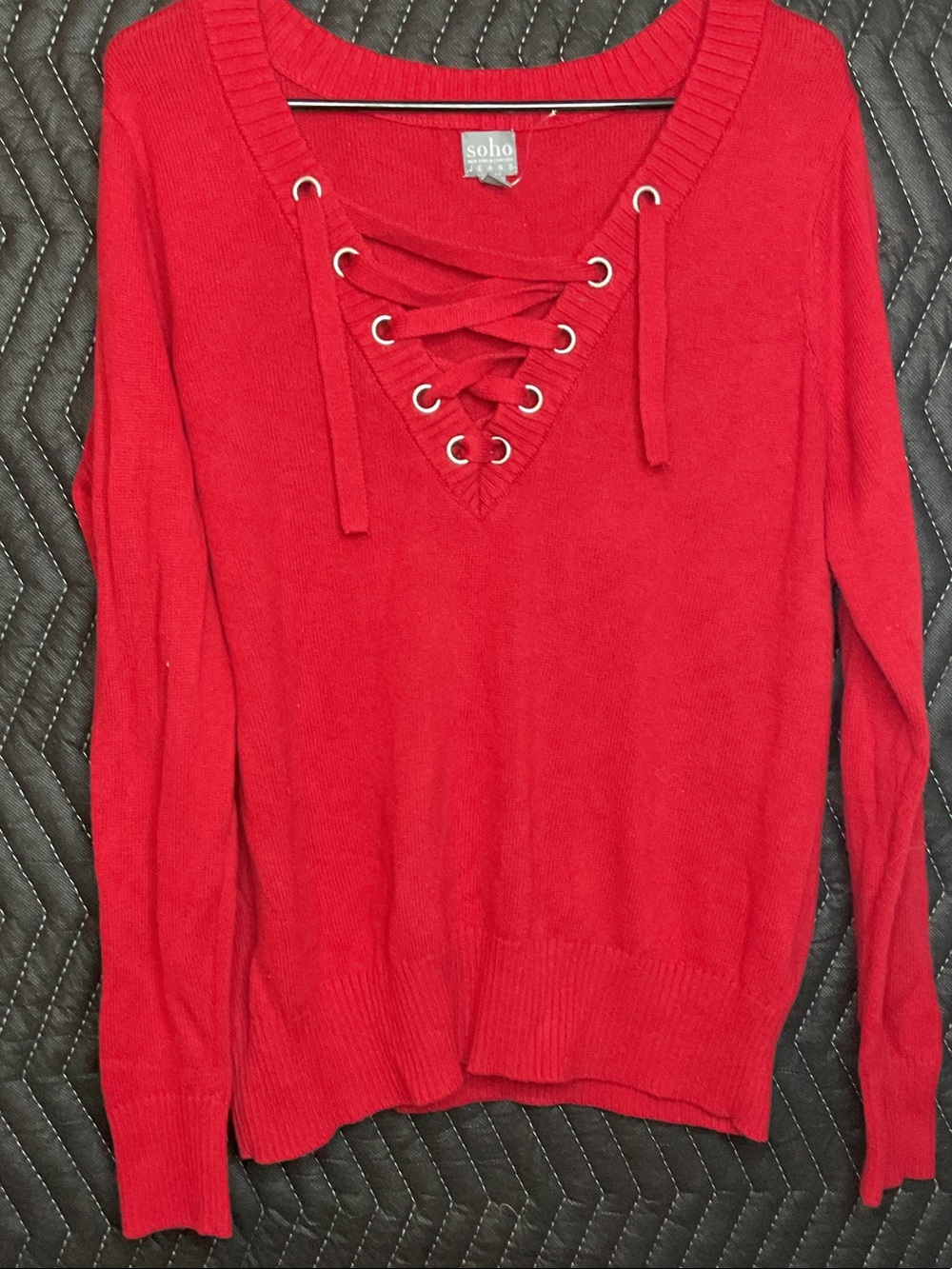 Soho Red Lace-Up V-Neck Knit Sweater